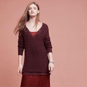 Anthro Burgundy Lace Trimmed V-Neck Sweater